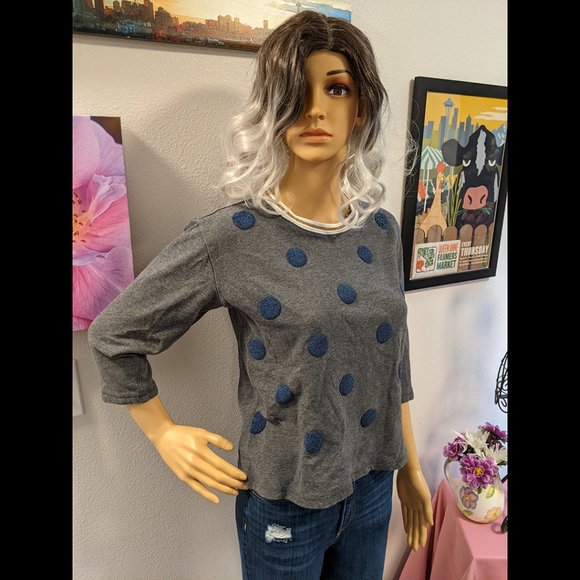Gap Long Sleeve Gray w/ Blue Sparkle Polka Dots Loose Fitted Top Size XS - Picture 3 of 7